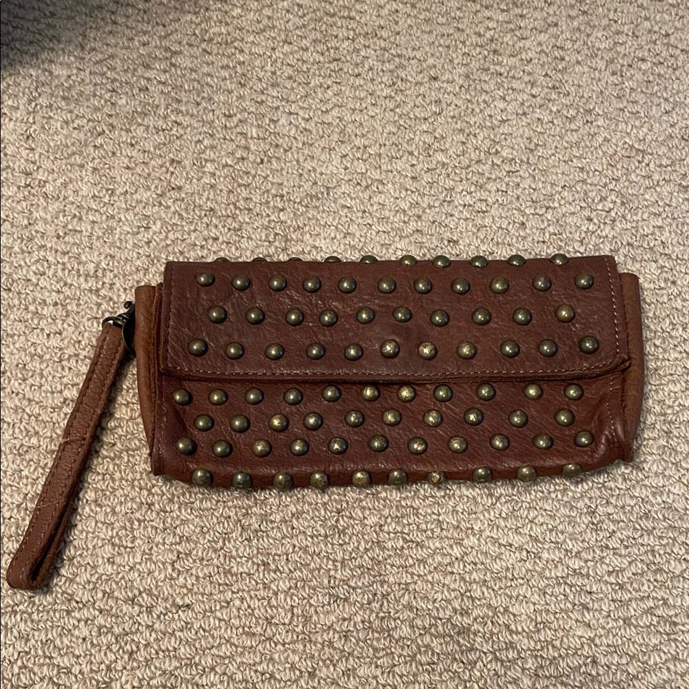 Brown Studded Clutch Wristlet